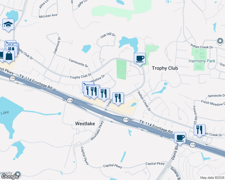 map of restaurants, bars, coffee shops, grocery stores, and more near 1136 Sunset Drive in Trophy Club