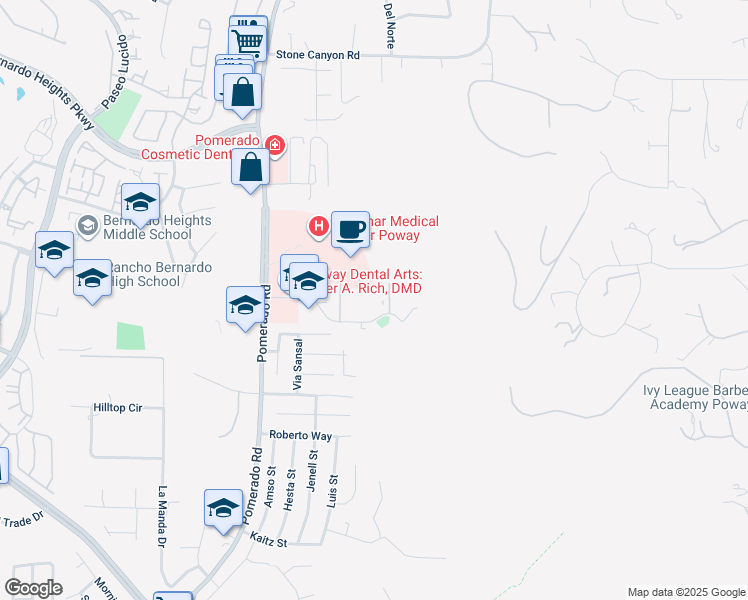 map of restaurants, bars, coffee shops, grocery stores, and more near 12730 Monte Vista Road in Poway