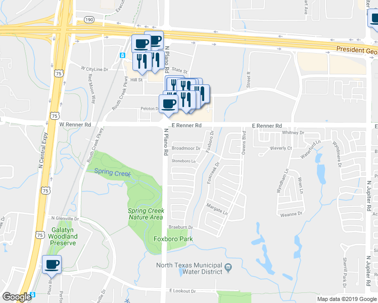 map of restaurants, bars, coffee shops, grocery stores, and more near 1422 Broadmoor Drive in Richardson