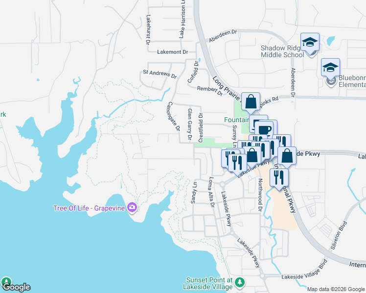 map of restaurants, bars, coffee shops, grocery stores, and more near 737 Canongate Drive in Flower Mound