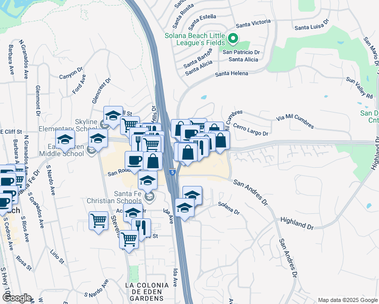 map of restaurants, bars, coffee shops, grocery stores, and more near 905-37 Lomas Santa Fe Drive in Solana Beach