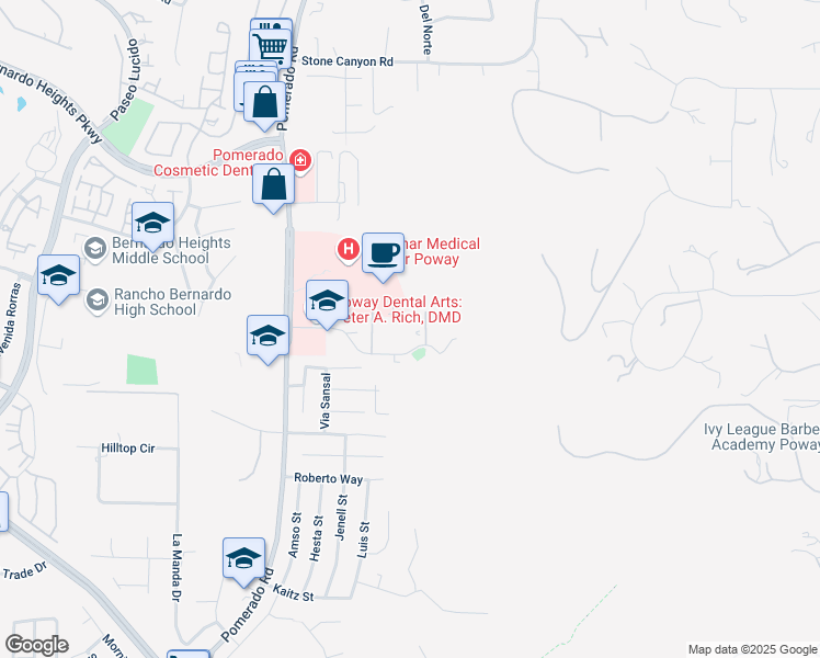 map of restaurants, bars, coffee shops, grocery stores, and more near 12738 Monte Vista Road in Poway
