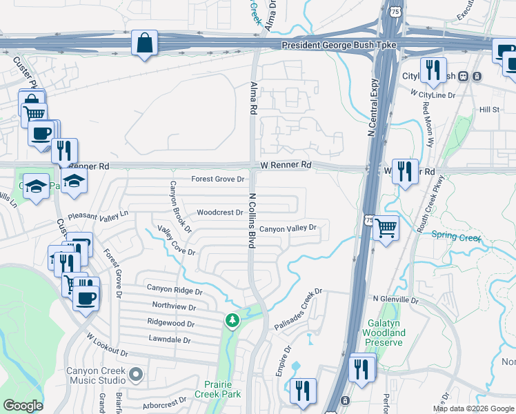 map of restaurants, bars, coffee shops, grocery stores, and more near 301 High Brook Drive in Richardson