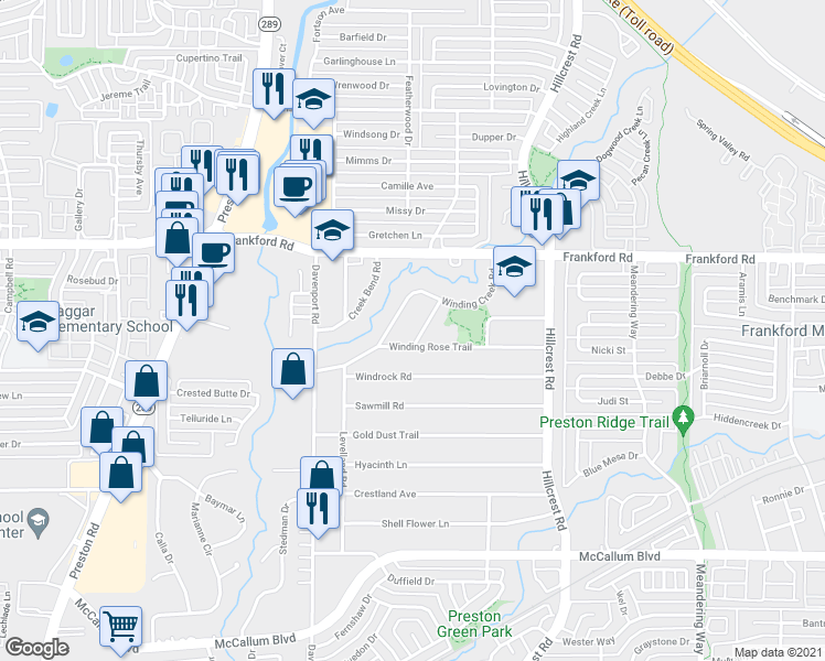 map of restaurants, bars, coffee shops, grocery stores, and more near 7110 Winding Creek Road in Dallas