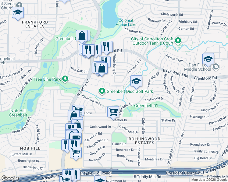 map of restaurants, bars, coffee shops, grocery stores, and more near 3022 North Josey Lane in Carrollton