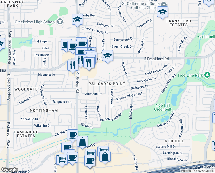 map of restaurants, bars, coffee shops, grocery stores, and more near 2919 Menlo Park Lane in Carrollton