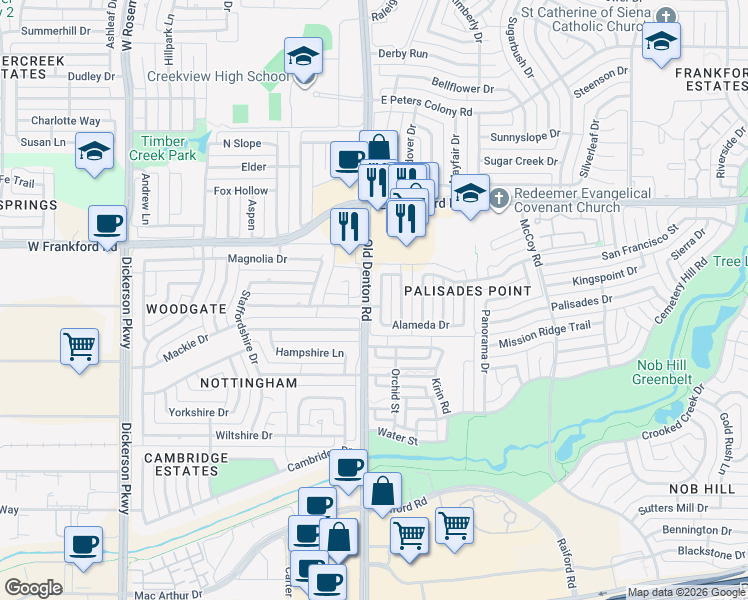 map of restaurants, bars, coffee shops, grocery stores, and more near 2916 Hunters Point Lane in Carrollton
