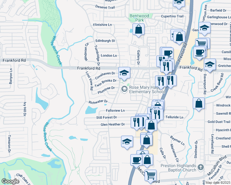 map of restaurants, bars, coffee shops, grocery stores, and more near 17820 Campbell Road in Dallas