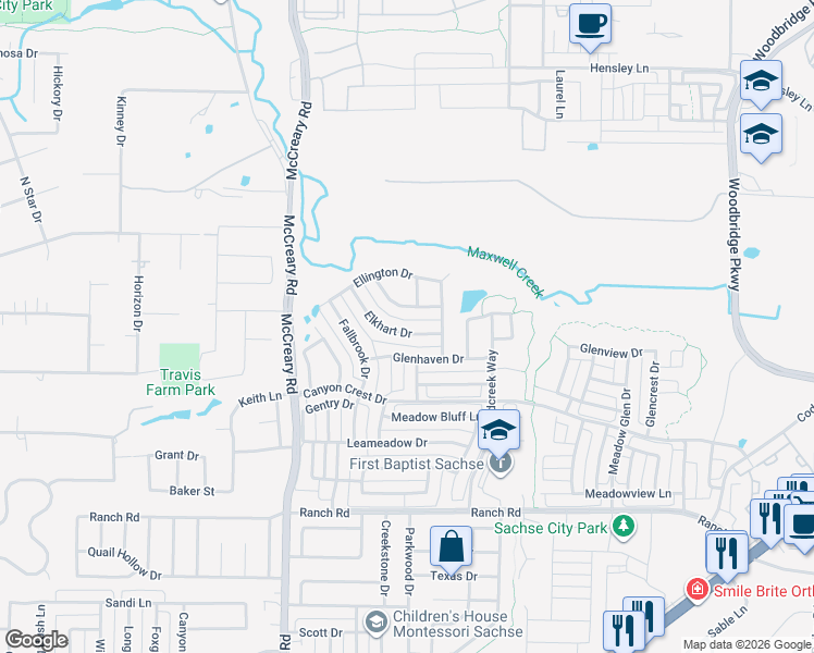 map of restaurants, bars, coffee shops, grocery stores, and more near 3411 Elkhart Drive in Sachse