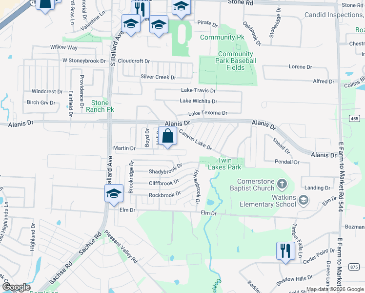 map of restaurants, bars, coffee shops, grocery stores, and more near 221 Martin Drive in Wylie