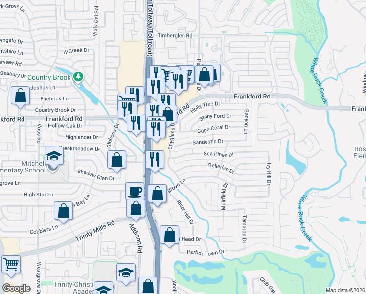 map of restaurants, bars, coffee shops, grocery stores, and more near 4812 Sandestin Drive in Dallas