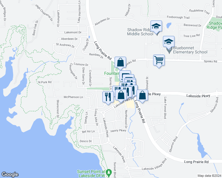map of restaurants, bars, coffee shops, grocery stores, and more near Surrey Lane in Flower Mound