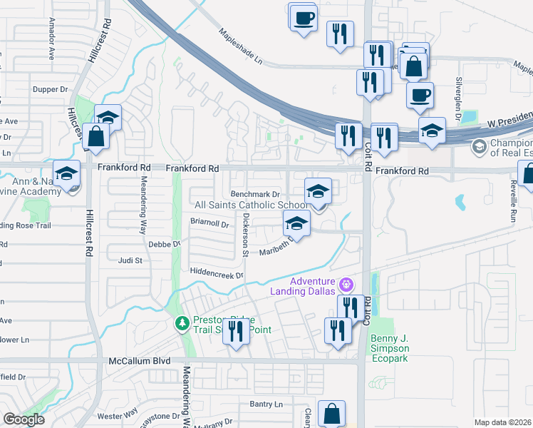 map of restaurants, bars, coffee shops, grocery stores, and more near 7520 Bromwich Court in Dallas
