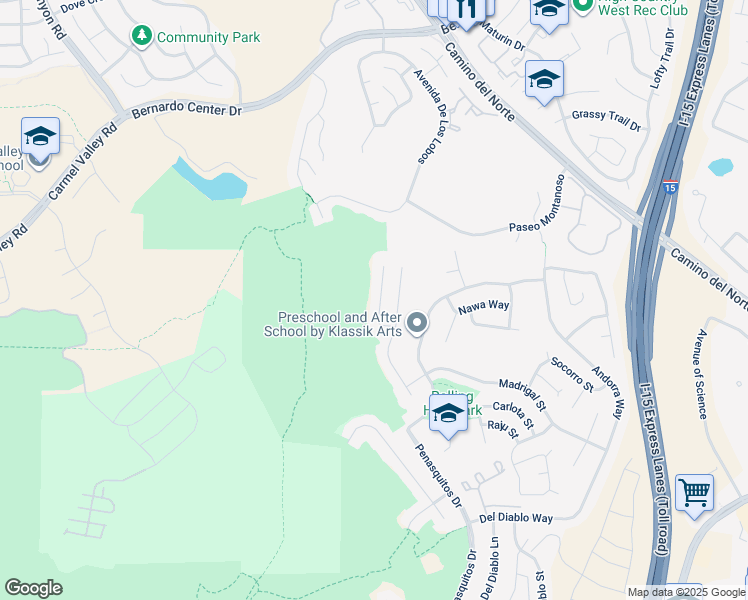 map of restaurants, bars, coffee shops, grocery stores, and more near 11318 Penanova Street in San Diego