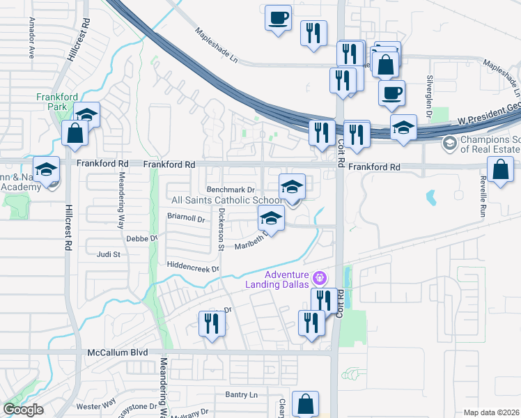 map of restaurants, bars, coffee shops, grocery stores, and more near 7606 Osage Plaza Court in Dallas