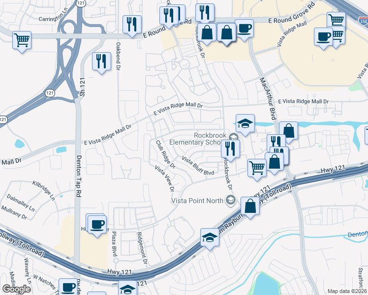 map of restaurants, bars, coffee shops, grocery stores, and more near 420 Ridge Meade Drive in Lewisville