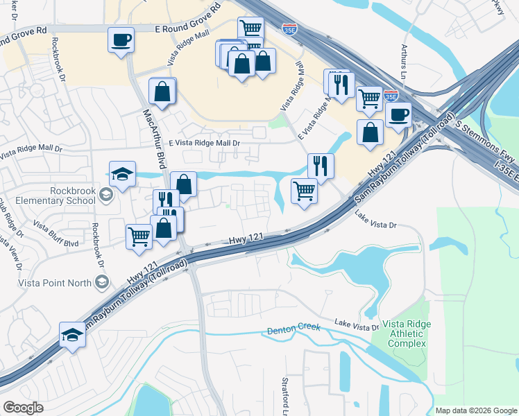 map of restaurants, bars, coffee shops, grocery stores, and more near 682 Claire Lane in Lewisville