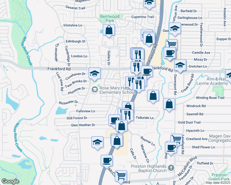 map of restaurants, bars, coffee shops, grocery stores, and more near 17820 Windflower Way in Dallas