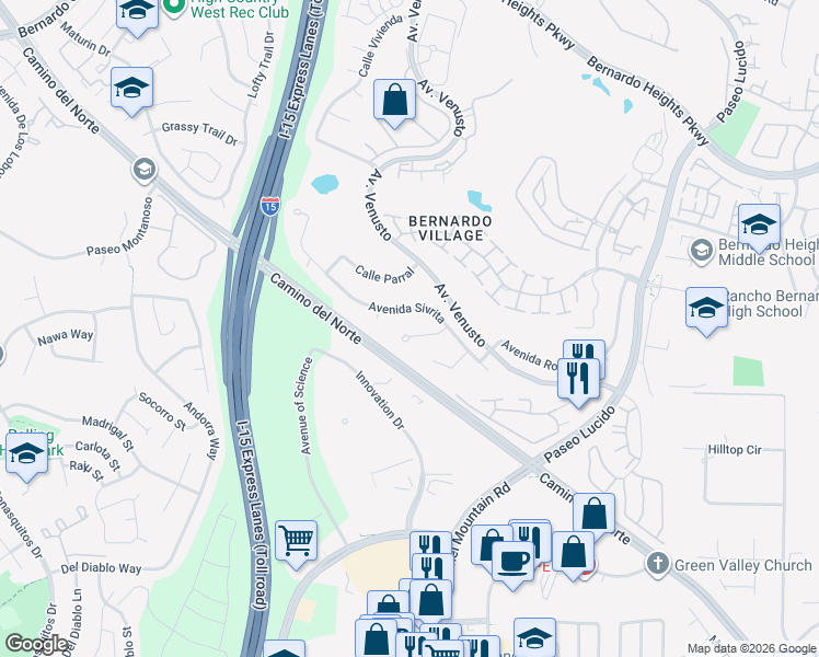 map of restaurants, bars, coffee shops, grocery stores, and more near 11640 Via Tavito in San Diego