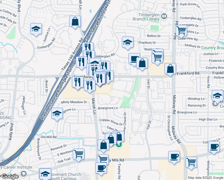 map of restaurants, bars, coffee shops, grocery stores, and more near 3702 Frankford Road in Dallas