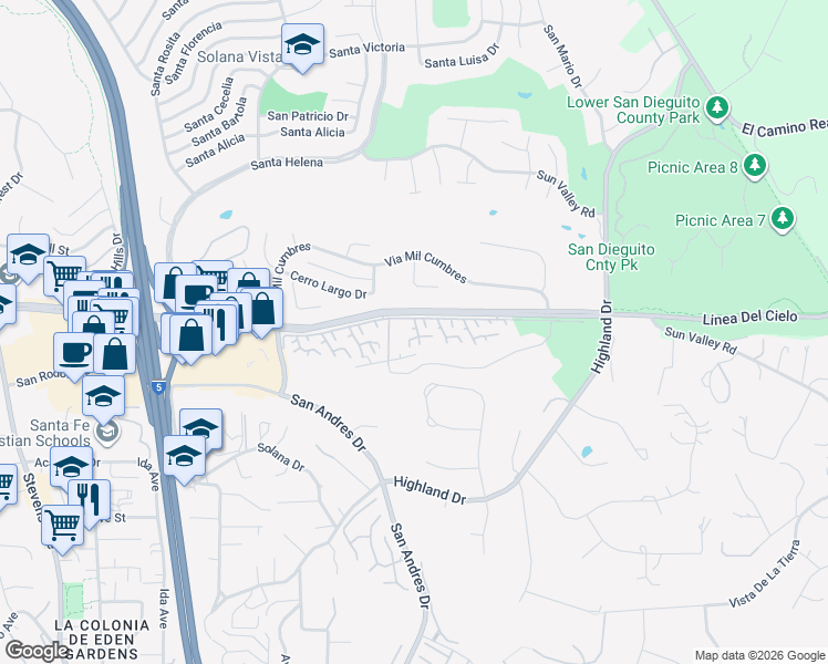 map of restaurants, bars, coffee shops, grocery stores, and more near 105 Poza Rica Court in Solana Beach
