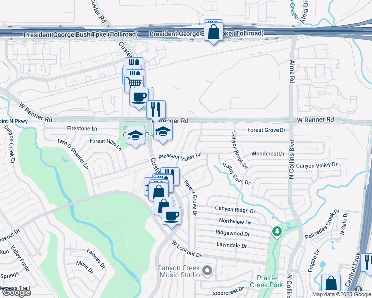 map of restaurants, bars, coffee shops, grocery stores, and more near 2804 Forest Grove Dr in Richardson