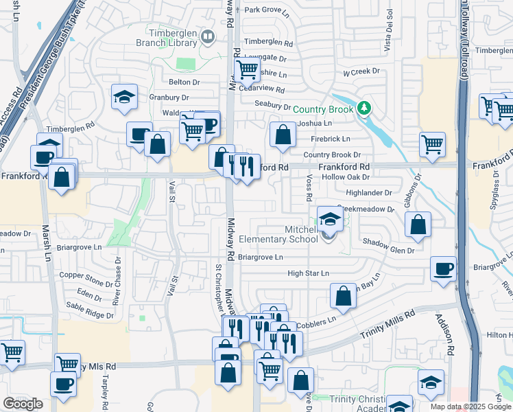 map of restaurants, bars, coffee shops, grocery stores, and more near 18040 Midway Road in Dallas