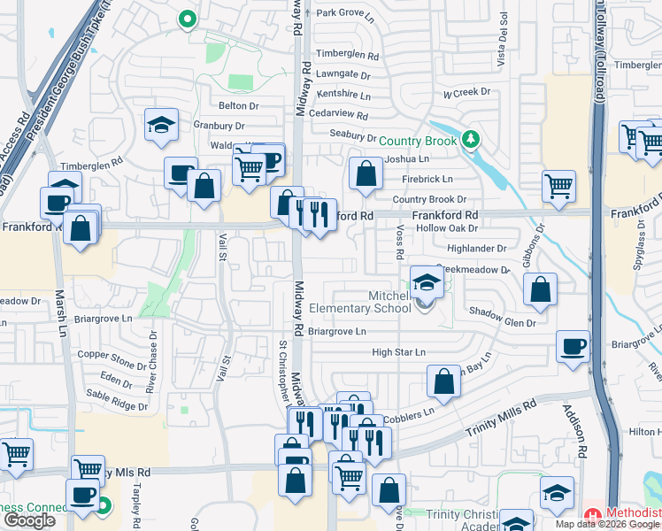 map of restaurants, bars, coffee shops, grocery stores, and more near 18040 Midway Road in Dallas