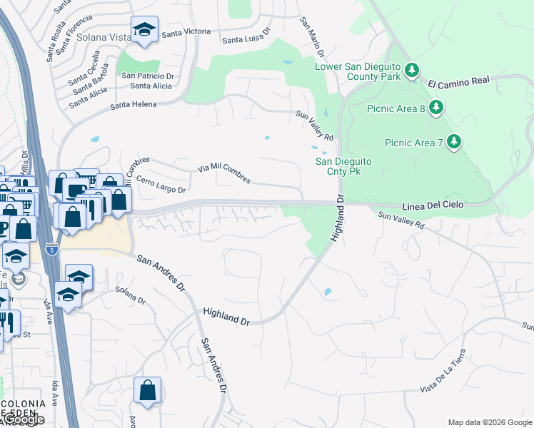 map of restaurants, bars, coffee shops, grocery stores, and more near 115 Vallarta Court in Solana Beach