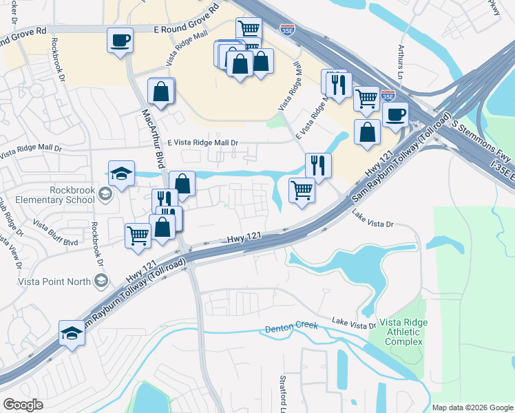 map of restaurants, bars, coffee shops, grocery stores, and more near 682 Claire Lane in Lewisville