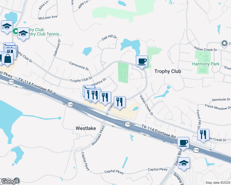 map of restaurants, bars, coffee shops, grocery stores, and more near 1136 Sunset Drive in Trophy Club