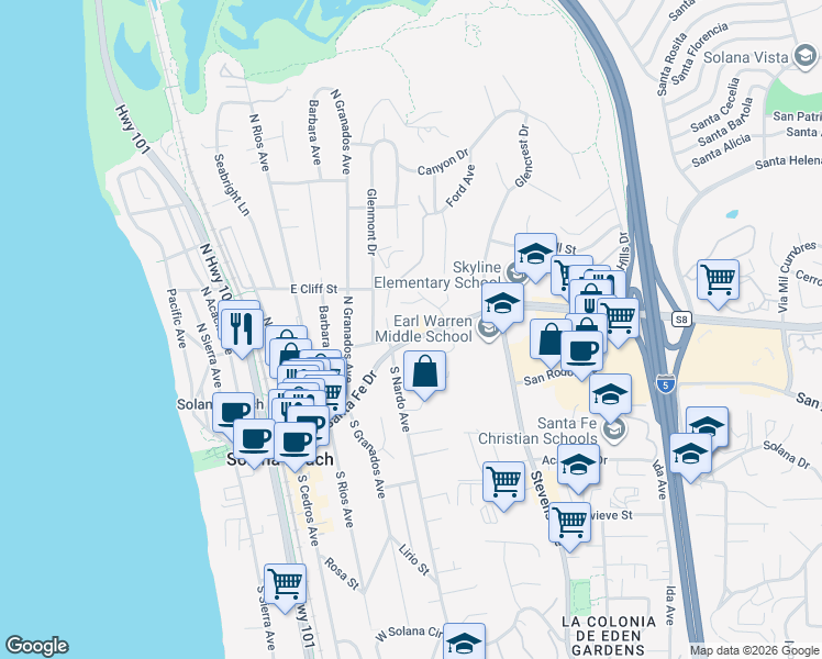 map of restaurants, bars, coffee shops, grocery stores, and more near 530 Lomas Santa Fe Drive in Solana Beach