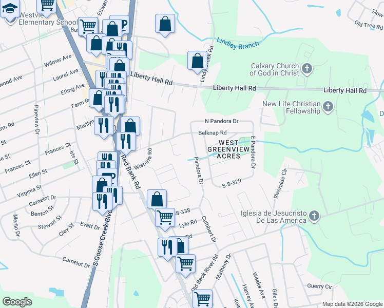 map of restaurants, bars, coffee shops, grocery stores, and more near 133 Pandora Drive in Goose Creek