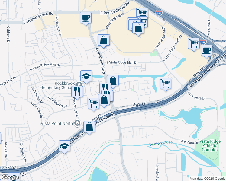 map of restaurants, bars, coffee shops, grocery stores, and more near 2701 MacArthur Boulevard in Lewisville