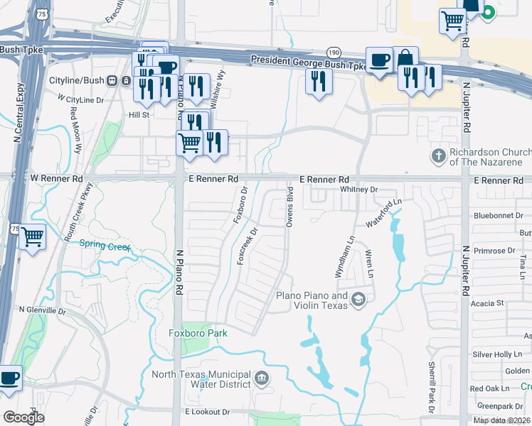 map of restaurants, bars, coffee shops, grocery stores, and more near 3206 Foxcreek Drive in Richardson