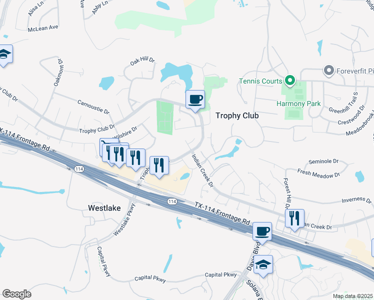map of restaurants, bars, coffee shops, grocery stores, and more near 1 Michelle Ct in Trophy Club