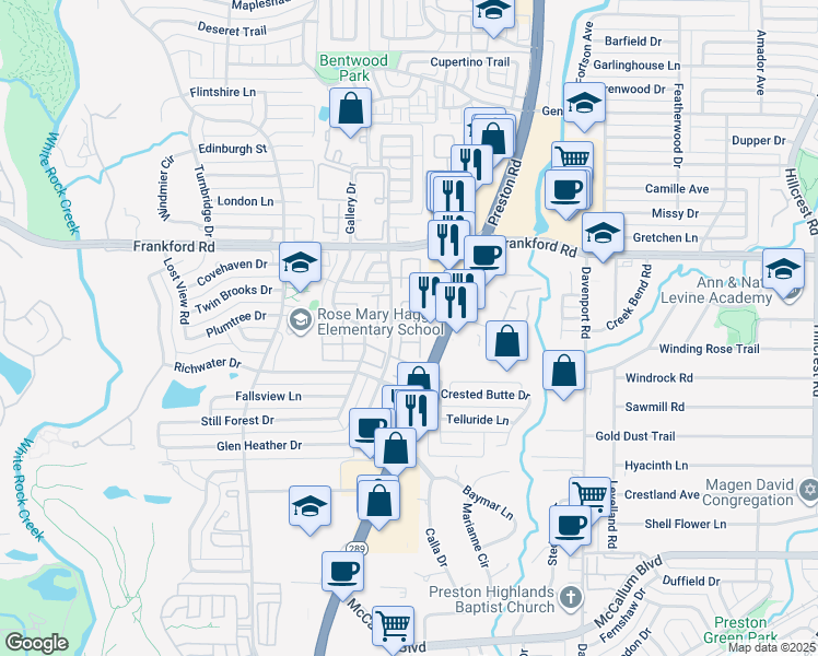 map of restaurants, bars, coffee shops, grocery stores, and more near 17717 Preston Road in Dallas