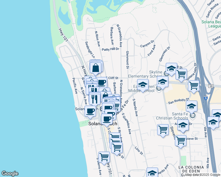 map of restaurants, bars, coffee shops, grocery stores, and more near 304 North Rios Avenue in Solana Beach