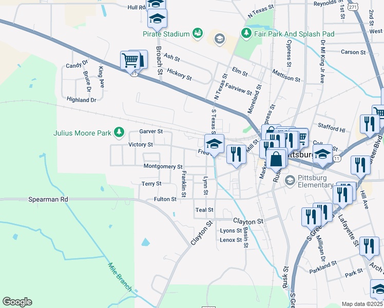 map of restaurants, bars, coffee shops, grocery stores, and more near 207 Franklin Street in Pittsburg