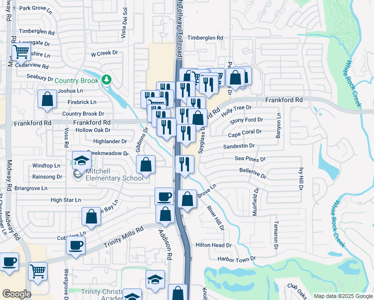 map of restaurants, bars, coffee shops, grocery stores, and more near 18010 Dallas Parkway in Dallas
