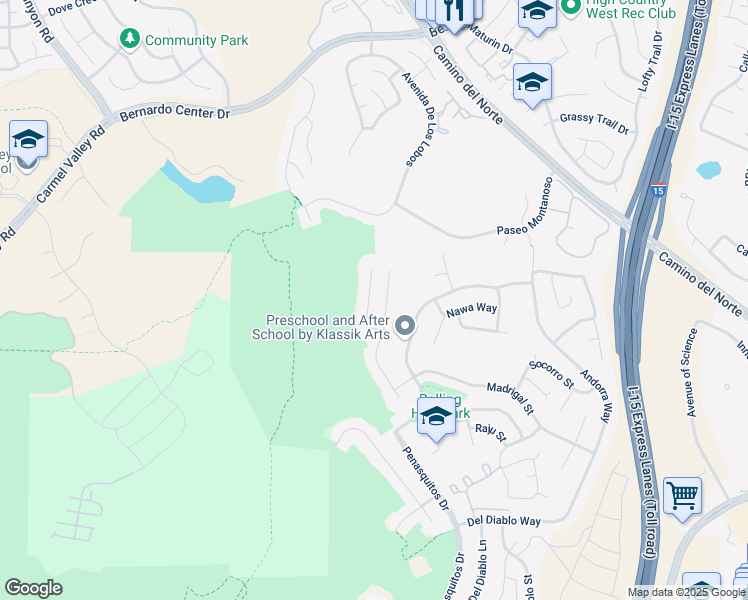 map of restaurants, bars, coffee shops, grocery stores, and more near 11325 Penanova Street in San Diego