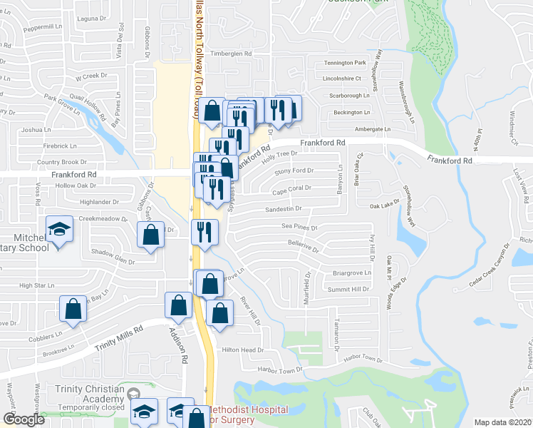 map of restaurants, bars, coffee shops, grocery stores, and more near 4832 Sandestin Drive in Dallas