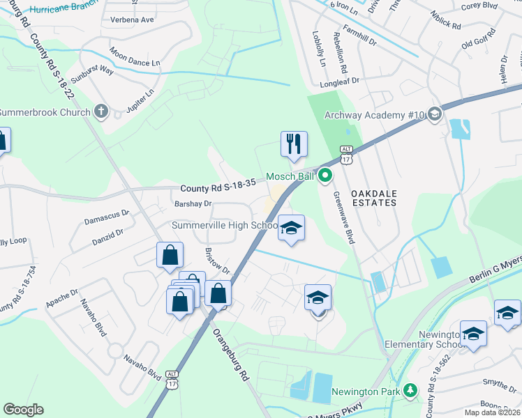 map of restaurants, bars, coffee shops, grocery stores, and more near 105 Barshay Court in Summerville