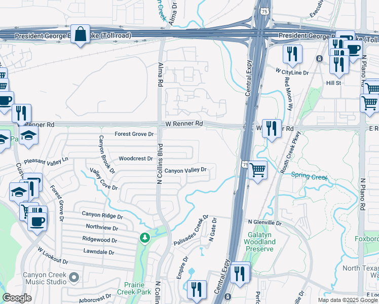 map of restaurants, bars, coffee shops, grocery stores, and more near 213 High Brook Drive in Richardson