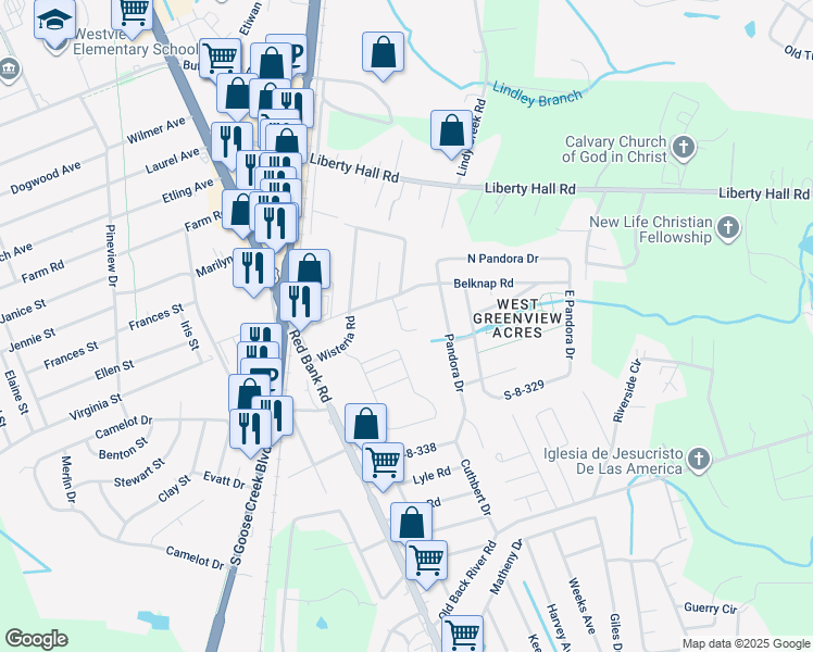 map of restaurants, bars, coffee shops, grocery stores, and more near 109 Villa Drive in Goose Creek