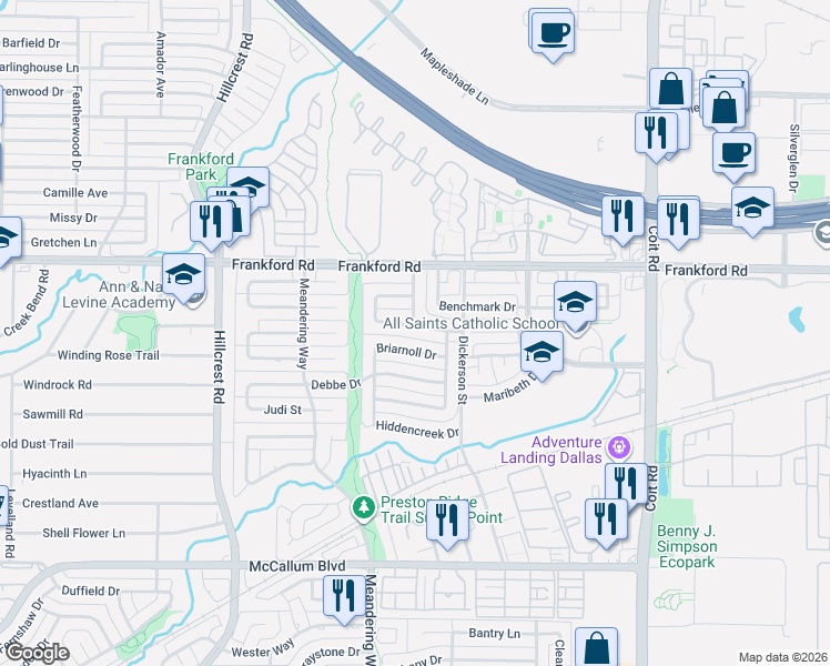 map of restaurants, bars, coffee shops, grocery stores, and more near 7328 Williamswood Drive in Dallas
