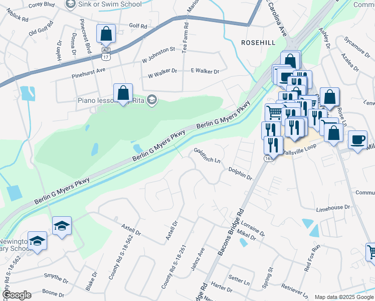 map of restaurants, bars, coffee shops, grocery stores, and more near 231 Goldfinch Lane in Summerville