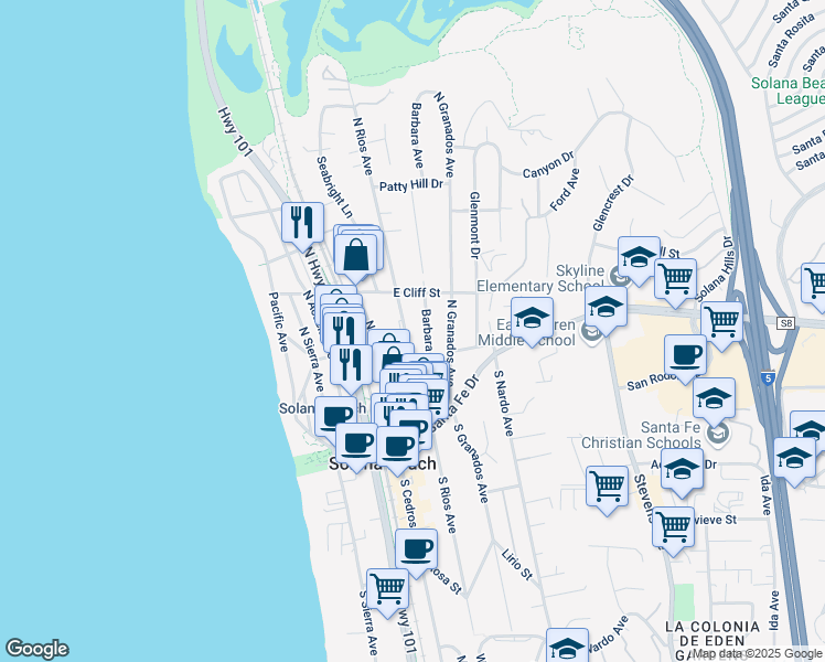 map of restaurants, bars, coffee shops, grocery stores, and more near 304 North Rios Avenue in Solana Beach