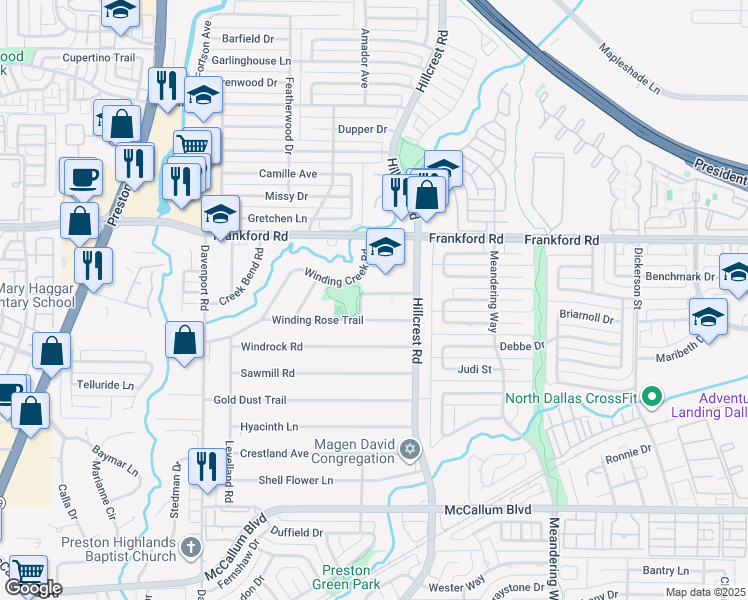 map of restaurants, bars, coffee shops, grocery stores, and more near 6808 Riseden Drive in Dallas