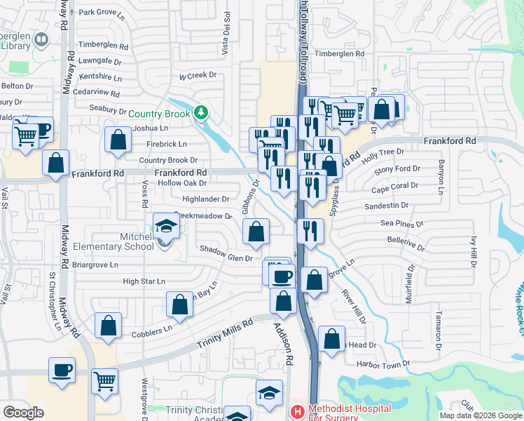 map of restaurants, bars, coffee shops, grocery stores, and more near 18023 Rock Branch Drive in Dallas